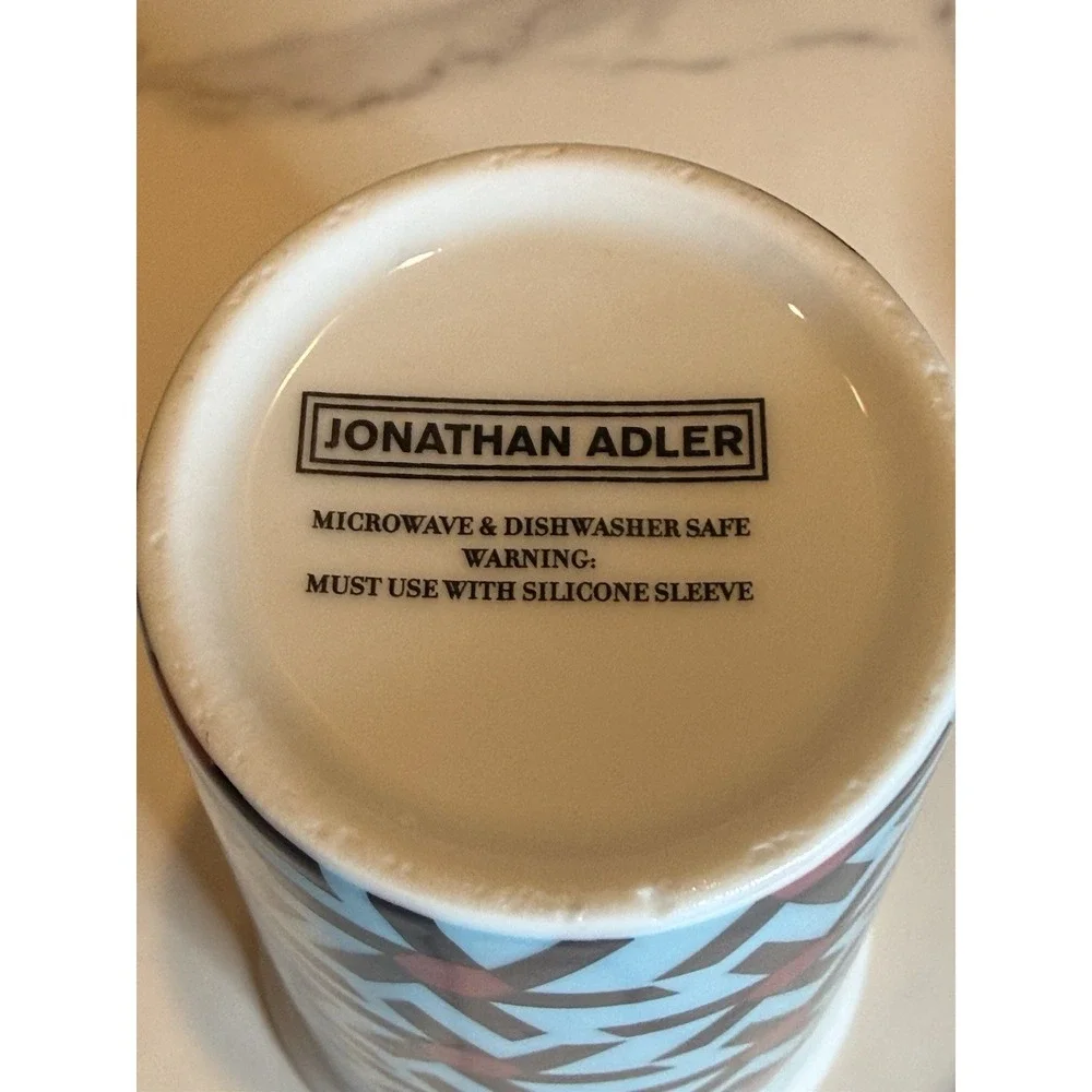 Jonathan Adler Geometric Ceramic Travel Mug Blue Pink Silicone Lid Sleeve 6in